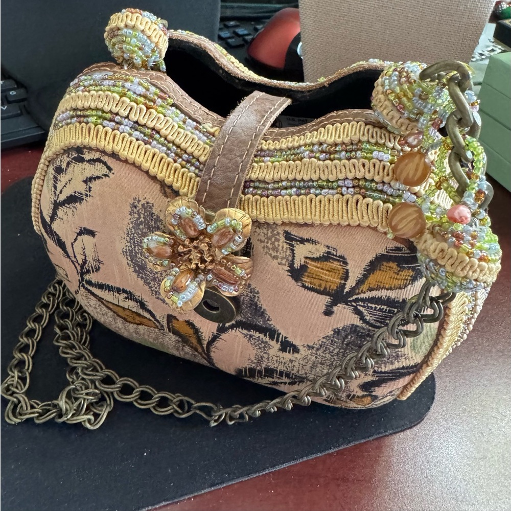 Vintage Mary Frances Floral Shoulder Handbag with Beaded Gold/Brown/Vrs Accents - Picture 7 of 14